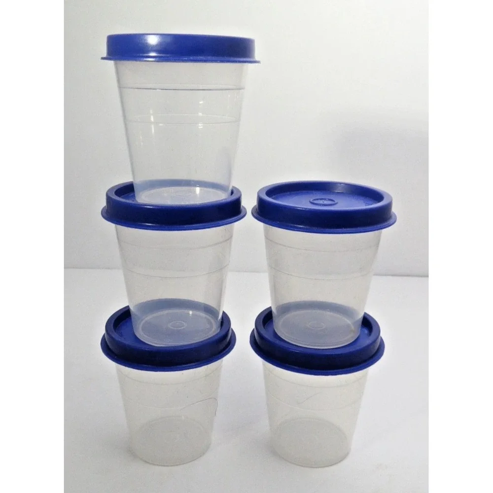 Vintage Lot Of 5 Tupperware Mini 2 oz Midget Containers 101 Sheer W/Blue Lids